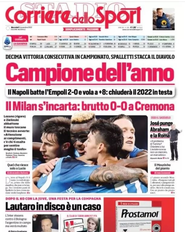 La prima pagina del Corriere dello Sport del 9 novembre 2022.
